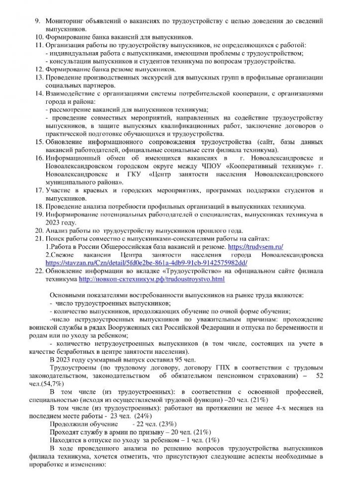 ОТЧЕТ ПО РАБОТЕ структурного подразделения Службы содействия трудоустройству выпускников филиала Частного профессионального образовательного учреждения "Ставропольский кооперативный техникум" в городе Новоалександровске  за период 01.03.2023 – 31.08.2023 года